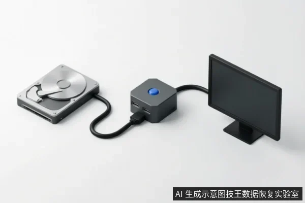 图中展示了一块机械硬盘通过线缆连接至一个带有蓝色按钮的黑色方形适配器,该适配器另一端连接着显示器。画面示意了通过外部设备链对硬盘进行连接和信号读取的场景。