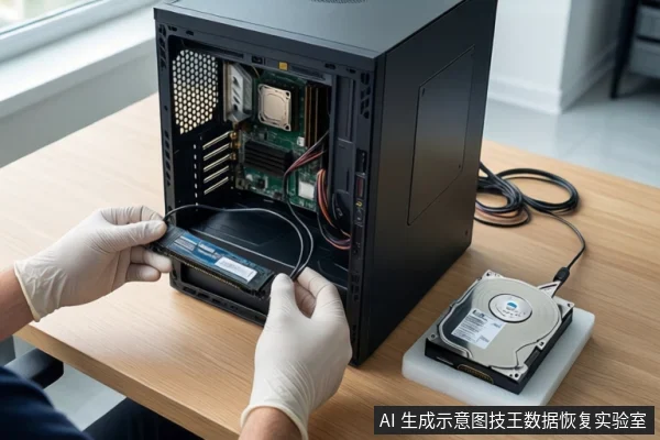 木质桌面上放置一台侧板打开的黑色台式主机，内部可见主板。左侧一双戴白色手套的手正握持一块黑色硬盘，将其对准主机内部接口。右侧桌面上平放一块裸露的机械硬盘，背景为模糊的窗户。