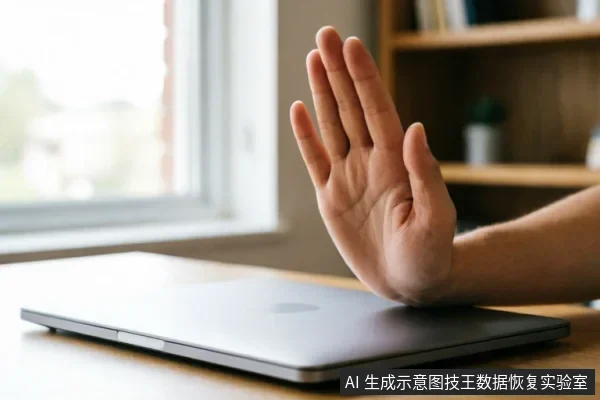 一只手掌在闭合的笔记本电脑前做出“停止”手势,示意拒绝操作。背景为模糊的室内窗边与书架,画面传达出暂停、禁止通电或保持设备静止的状态,未展示硬盘或内部硬件细节。