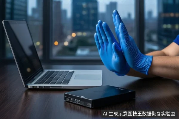 深色木桌上,左侧是一台银色笔记本电脑,中间平放一个黑色外接硬盘盒。右侧一双戴蓝色手套的手掌相对,做出停止手势。背景是模糊的城市夜景窗户。