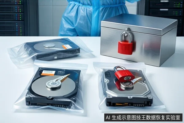 洁净室白色桌面上,三块机械硬盘分别装在透明袋中平放,右侧为挂有红色挂锁的银色金属防震箱。背景可见服务器机柜和穿蓝色无尘服的技术人员。