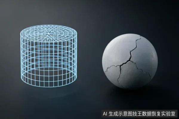 画面左侧为一个发光的蓝色线框圆柱体,象征数字数据或逻辑结构;右侧为一个表面布满裂纹的灰色球体,象征受损的物理介质。两者并置于深色背景中,直观呈现了逻辑数据与物理硬件损伤的对比状态。