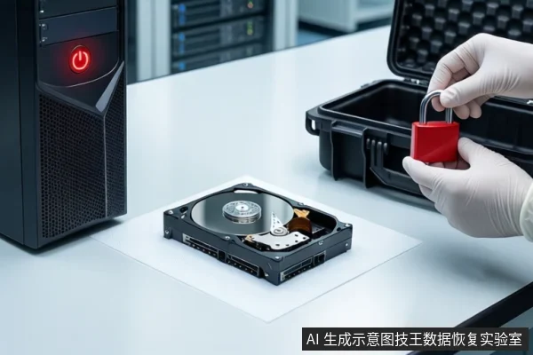 白色桌面上,左侧竖立一台亮红灯的黑色塔式主机,中间平放一块打开外壳的机械硬盘,右侧一双戴白手套的手持红色挂锁悬停在黑色防震箱上方。