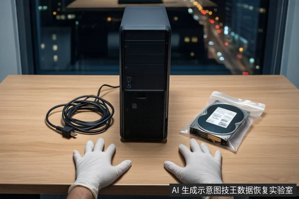 木质桌面上,左侧竖立一台黑色塔式主机,中间盘绕一根黑色电源线,右侧透明防静电袋内装有一块机械硬盘。前景一双戴白色手套的手平放在桌边,背景为模糊的城市夜景。