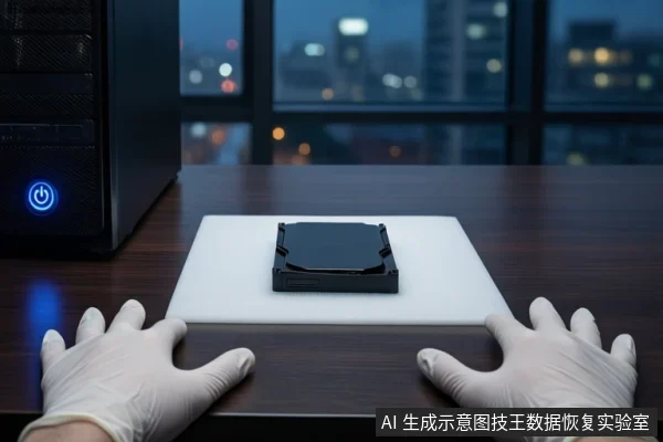 木质桌面上,戴白手套的双手平放在桌边,中间白色垫子上平放一块黑色机械硬盘,左侧竖立一台亮着蓝色电源按钮的黑色塔式主机,背景为模糊的城市夜景。