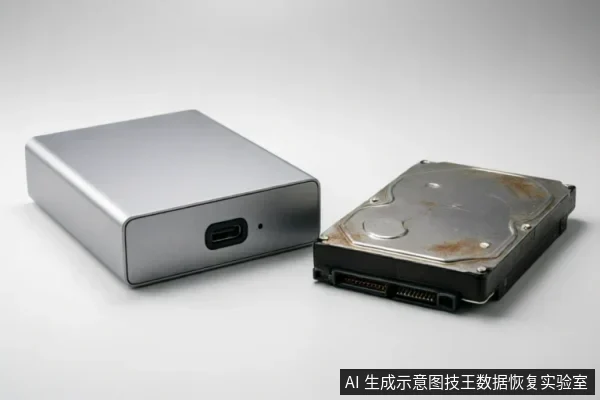 画面展示了一个银色金属外壳的移动硬盘盒与一块裸露的机械硬盘并排放在白色背景上。移动硬盘盒侧面可见USB-C接口,裸露硬盘展示了金属盘盖及底部的SATA数据与电源接口,直观呈现了存储介质的内部结构与外部转接设备。