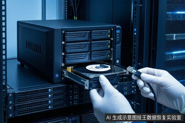 蓝色调机房内,前景一双戴白手套的手正从黑色服务器机箱中抽出一块机械硬盘,另一只手拿着USB数据线接头。背景可见多排服务器机柜。