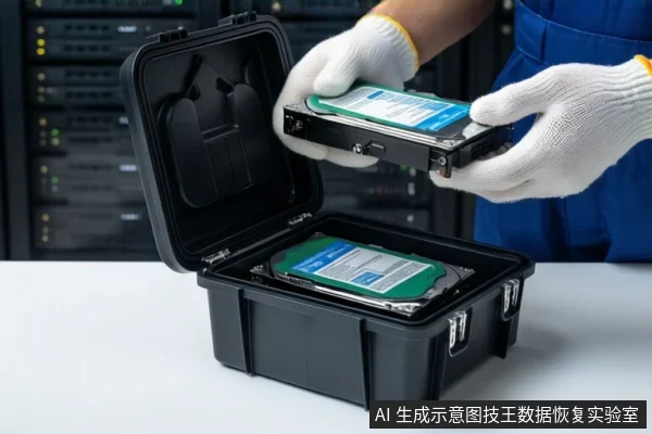 白色桌面上放置一个打开的黑色防震箱，箱内固定着一块机械硬盘。一双戴白色手套的手正握持另一块机械硬盘，悬停在防震箱上方。背景为模糊的服务器机柜。