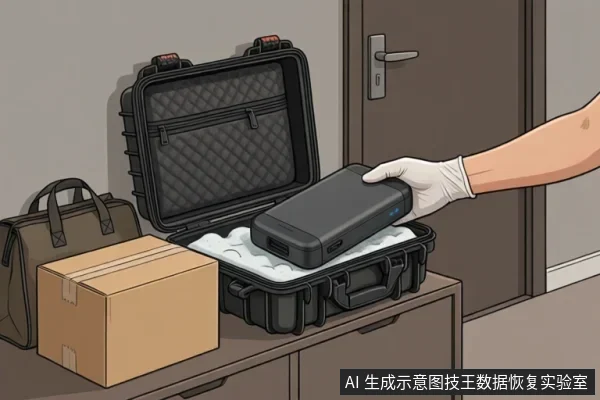 桌面上放着打开的黑色防震箱、纸箱和手提包，一只戴白色手套的手正将一块移动硬盘放入箱内。