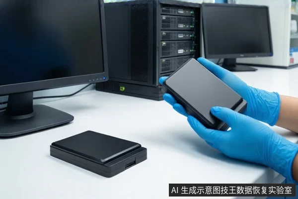 洁净室白色桌面上,戴蓝色手套的双手正持握一个黑色移动硬盘盒,左侧平放一个黑色方形存储设备,背景可见服务器机柜和两台显示器。