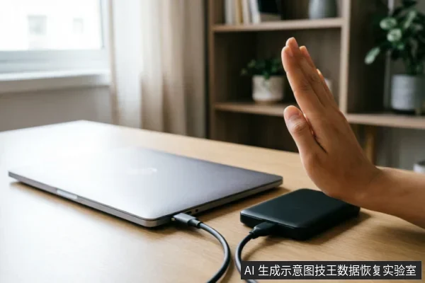 一只手掌在连接着笔记本电脑的黑色移动硬盘前做出停止手势,示意切断电源或禁止操作。画面直观表达了当存储设备出现异常时,应立即停止通电、避免进一步写入以保护数据的紧急止损原则。