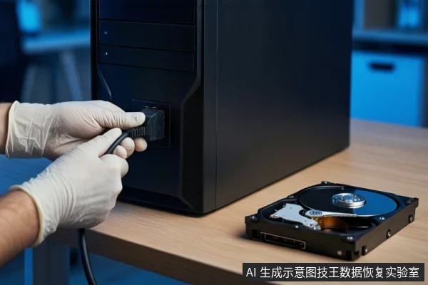 木质桌面上，左侧竖立一台黑色塔式主机，前景一双戴白手套的手正拔下主机后部的电源线。右侧平放一块打开外壳的机械硬盘，露出盘片与磁头组件。