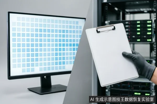 画面左侧显示器屏幕显示蓝色网格状数据界面,右侧一只戴着黑色防静电手套的手在服务器机柜背景前持握白色剪贴板。示意在数据恢复场景中,工程师正在记录设备状态并进行专业硬件检测与评估。