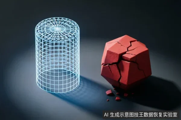 画面左侧为一个发光的蓝色线框圆柱体,象征逻辑结构或数据模型;右侧是一个表面布满裂纹、正在崩解的红色多面体,象征物理介质的损坏。两者并置在深色背景上,直观展示了软件逻辑修复与硬件物理损伤之间的界限。