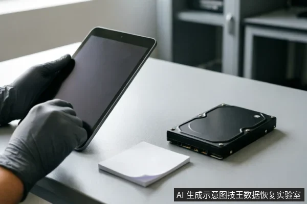 戴着黑色防护手套的操作人员手持平板电脑,桌面上放置着一块裸露的机械硬盘和一叠白色便签纸。画面展示了在数据恢复前核对设备状态、记录关键信息及梳理备份情况的场景,体现了专业且谨慎的数据现状评估过程。