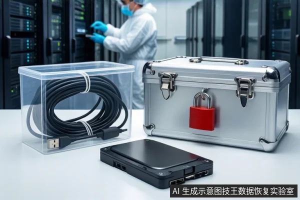 洁净室白色桌面上,左侧透明盒内盘绕黑色USB数据线,右侧为挂有红色挂锁的银色金属防震箱,前景平放一块黑色移动硬盘。背景为模糊的服务器机柜和穿无尘服的技术人员。
