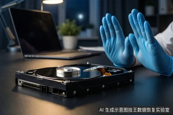 深色桌面上平放一块打开外壳的机械硬盘,可见盘片、主轴和磁头组件。左侧有一台银色笔记本电脑,右侧一双戴蓝色手套的手掌心朝外做出停止手势。背景为模糊的室内环境。