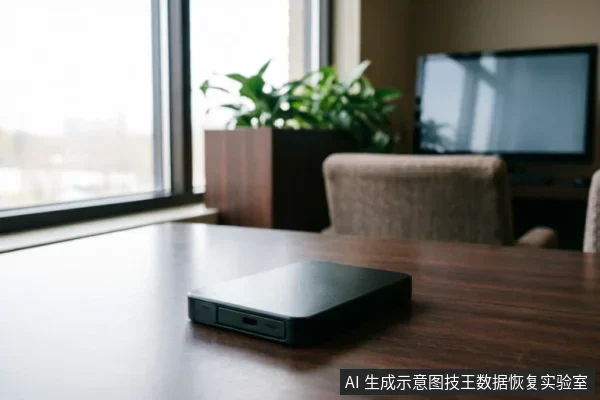 一张黑色外置移动硬盘静置于深色木纹会议桌面上,背景虚化,可见窗户、绿植盆栽及办公椅。画面仅展示设备外观与放置环境,无连接电脑、数据线或操作动作,也无屏幕显示界面。