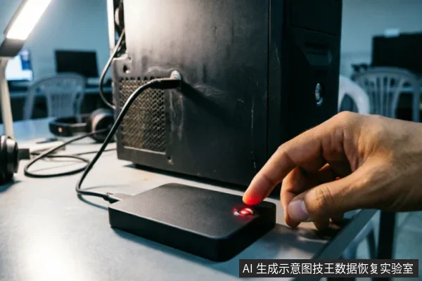 特写镜头展示一只手正按压连接在台式电脑主机上的黑色移动硬盘电源键,设备表面亮着红色指示灯。背景为模糊的网吧环境及桌椅,表现了数据恢复场景下的硬件连接与通电状态确认。