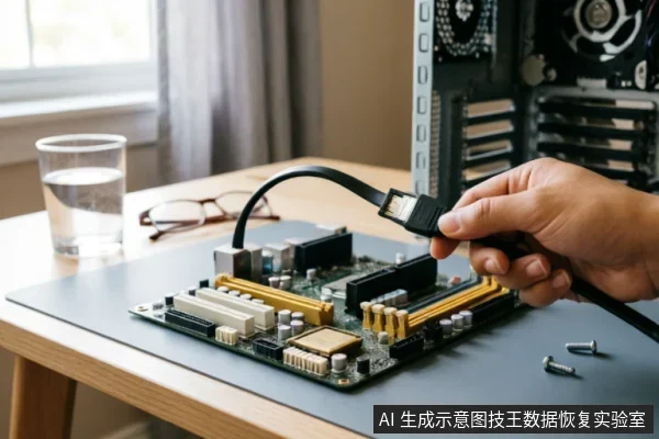 一只手持黑色SATA数据线,正准备将其插入放置在防静电垫上的主板接口中。背景可见台式电脑机箱内部结构、一杯水和眼镜,右下角有两颗螺丝,展示了硬件连接检查的场景。