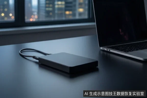 深色桌面上平放一个黑色外接硬盘盒,左侧连接一根黑色线缆。右侧有一台银色笔记本电脑,屏幕关闭。背景是模糊的城市夜景窗户。
