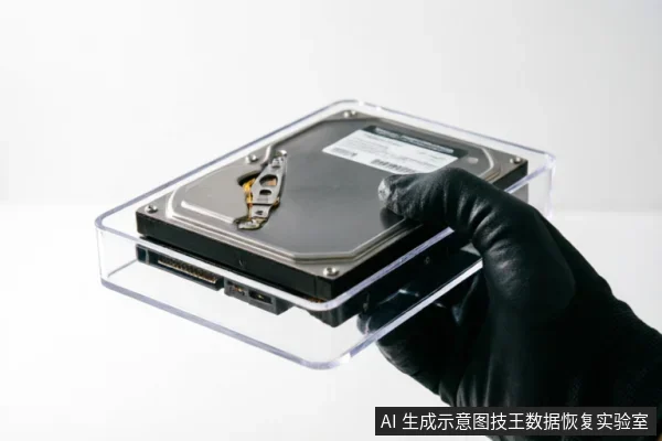 一只戴着黑色防静电手套的手托举着置于透明塑料保护盒内的机械硬盘,展示了在专业数据恢复过程中对原始介质进行安全搬运与防尘隔离的操作场景。