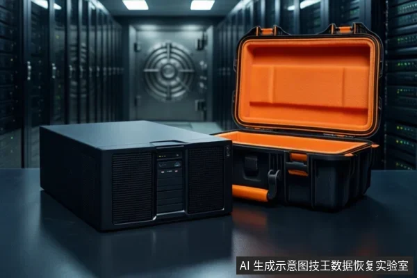 机房背景中,桌面上放置一台黑色机架式存储设备,旁边有一个打开的橙色内衬黑色防护箱。