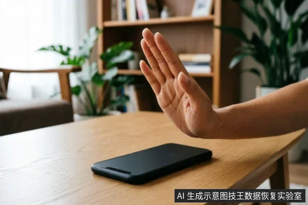 一只手掌在木质桌面上方做出明显的停止手势,掌心向下对着平放的一部黑色智能手机。背景为模糊的书架和绿植,营造出居家环境。画面直观传达出“立即停止操作”、“禁止触碰”或“断电静置”的警示含义,与文中强调的紧急止损、避免写入及保护原始介质的原则高度契合。