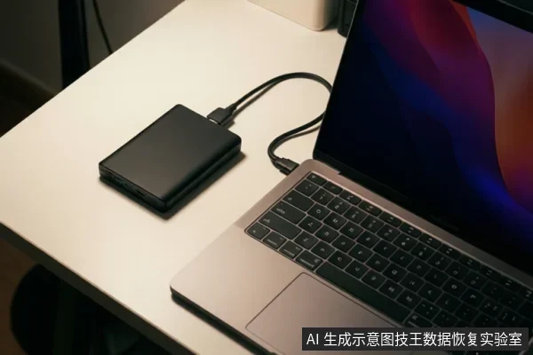 白色桌面上,一个黑色移动硬盘通过数据线连接到一台笔记本电脑,电脑屏幕显示彩色壁纸。