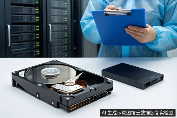 画面分为上下两部分。上方背景为服务器机柜，一名穿蓝色无尘服的人员手持蓝色写字板正在记录；下方白色桌面上平放一块打开外壳的机械硬盘（露出盘片与磁头）和一块闭合的黑色移动硬盘。