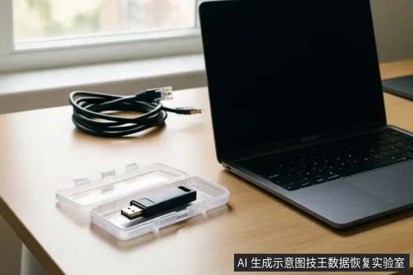 木桌上放着一台打开的笔记本电脑，旁边有一根盘绕的黑色线缆和一个透明塑料盒，盒内装着一个黑色U盘。