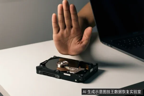 白色桌面上放置一块打开顶盖的机械硬盘,可见盘片与磁头组件;一只手掌在硬盘上方做出停止手势,右侧有一台笔记本电脑。