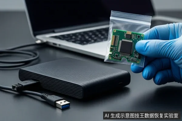 深色桌面上,前景平放一个黑色外接硬盘盒,通过USB线缆连接至后方一台银色笔记本电脑。右侧一只戴蓝色手套的手持握一个装有绿色电路板的透明防静电袋。
