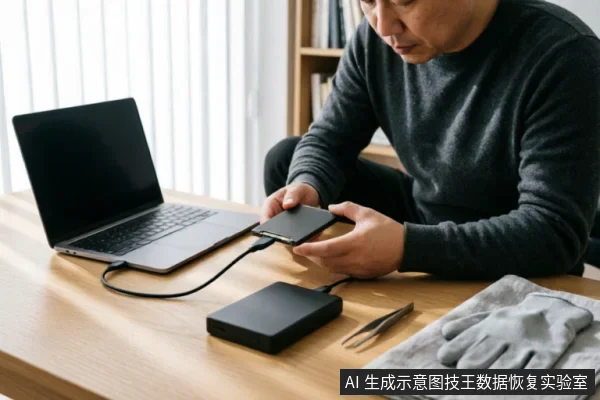 一名男子坐在木桌前，手持一部智能手机通过数据线连接至外接硬盘盒，旁边放置一台笔记本电脑。桌面上还备有防静电手套和镊子，展示了数据恢复检测环境中的物理连接与防护准备场景。
