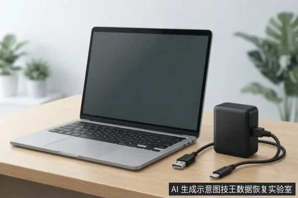木质办公桌上放置着一台打开的银色笔记本电脑,屏幕处于黑屏状态。电脑右侧连接着一个黑色的电源适配器,线缆自然延伸,展示了设备的外部供电连接场景。背景中有模糊的绿色植物点缀。