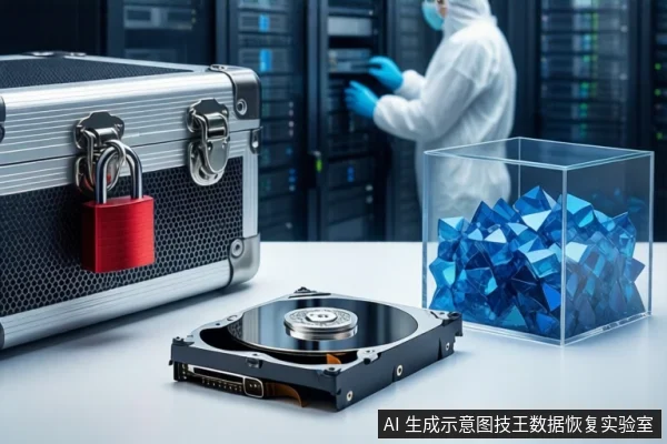 洁净室白色桌面上,左侧为挂有红色挂锁的银色金属防震箱,中间平放一块打开外壳的机械硬盘,右侧透明盒内装满蓝色几何碎片。背景为模糊的服务器机柜和一名穿无尘服的技术人员。
