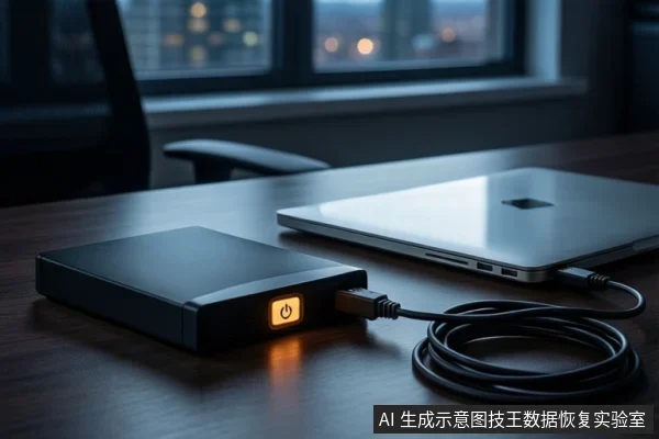 深色木桌上,左侧黑色外接硬盘盒亮着橙色电源指示灯,右侧银色笔记本电脑通过黑色USB线缆连接,背景为模糊的城市夜景窗户。