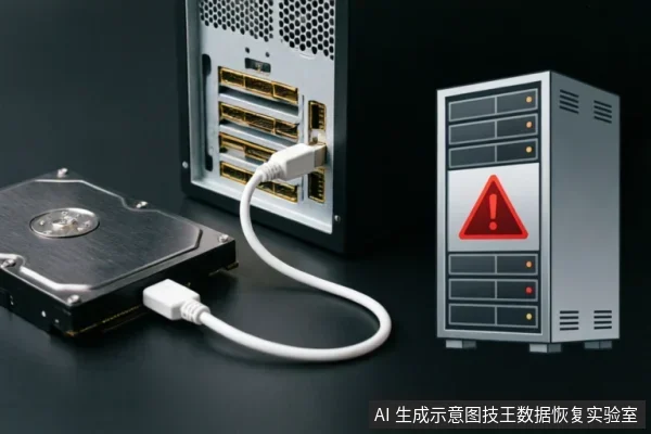 画面展示了一块机械硬盘通过白色数据线连接至台式机后置接口，右侧立着一个显示红色三角形感叹号警告标志的服务器图标。整体视觉隐喻了硬盘连接故障、设备无法识别或数据恢复警示的场景。