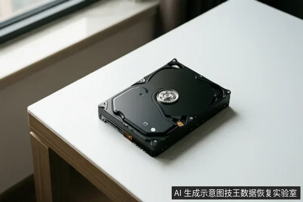 白色桌面上放置一块黑色机械硬盘，盘体表面可见主轴与接口区域，背景为窗边室内环境。