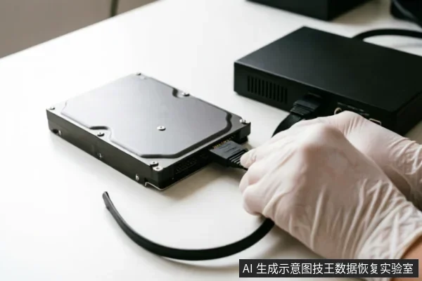 一只戴着白色防护手套的手正将SATA数据线连接至裸露的机械硬盘接口,旁边放置着黑色的外接硬盘盒或转接设备。画面展示了检查外部硬件连接链的专业操作场景,无屏幕文字。