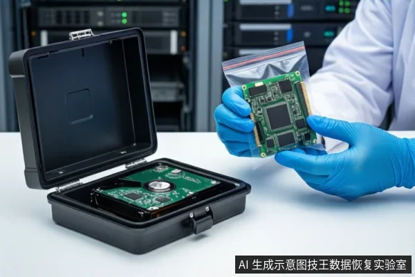 洁净室白色桌面上，前景一双戴蓝色手套的手持透明袋装绿色电路板，左侧黑色防震箱内平放一块打开外壳的机械硬盘，背景为模糊的服务器机柜。