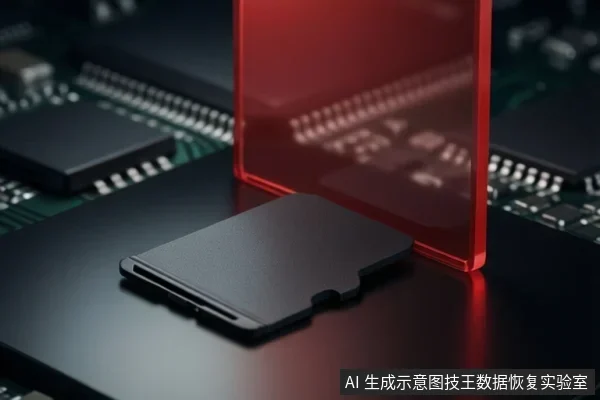 黑色平面上放置一张黑色存储卡，卡后方立着一块红色半透明矩形板，背景为虚化的电路板与芯片，画面无文字。