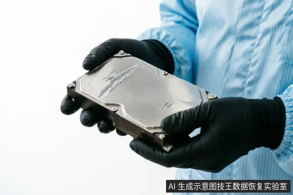 身穿蓝色洁净服、佩戴黑色防静电手套的专业人员双手托举一块银色笔记本机械硬盘。画面展示了在受控环境下对存储介质进行规范持握与检查的场景,体现了专业数据恢复机构对原始介质的保护操作。