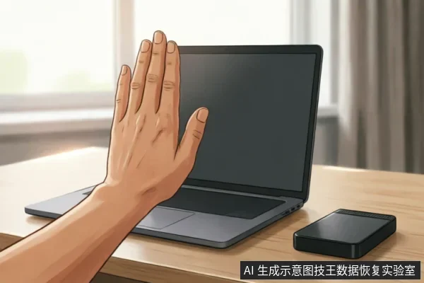 画面展示了一只手在打开的笔记本电脑屏幕前做出明显的停止或拒绝手势,桌面上右侧放置着一个黑色的移动硬盘。背景为室内桌面环境,无其他文字或复杂操作细节。