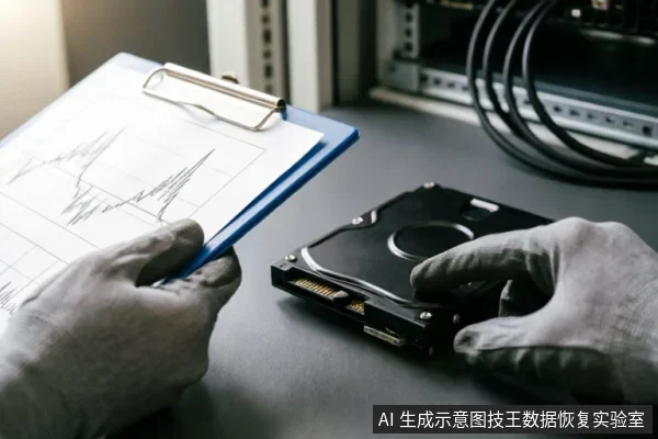 一双戴着灰色防静电手套的手正在操作一块裸露的机械硬盘,左手持有一个夹着折线统计图表的蓝色写字板,背景可见服务器机柜与线缆,呈现出专业数据恢复检测或硬件状态评估的场景。