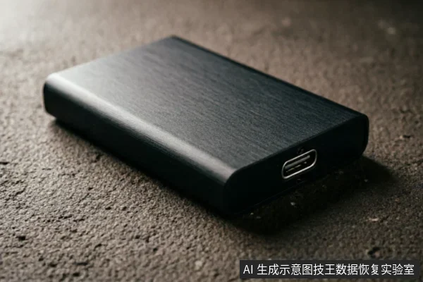 一个黑色拉丝金属外壳的便携式移动硬盘侧放于粗糙深色台面上,侧面清晰可见一个USB Type-C接口,无连接线,画面聚焦于设备外观与接口细节。