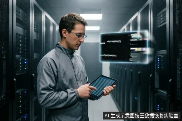 一名戴眼镜的男子身穿灰色防静电服站在服务器机房通道内,手持平板电脑查看数据。他面前悬浮着一个显示严重信号干扰、花屏和数字伪影的透明屏幕,直观呈现了媒体内容损坏或物理故障导致的视觉异常状态。