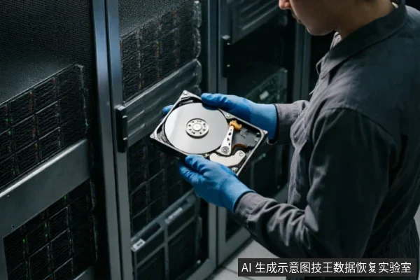 一名身穿深色工作服、佩戴蓝色防静电手套的技术人员,在服务器机柜背景前双手托举着一块已打开上盖的机械硬盘,展示内部磁盘与磁头组件。