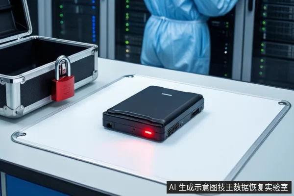 洁净室白色桌面上平放一块黑色移动硬盘,正面亮着红色指示灯。左侧为打开的银色金属防震箱,挂有红色挂锁。背景可见服务器机柜和穿蓝色无尘服的技术人员。