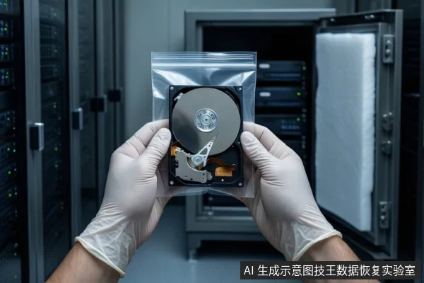 机房环境中,一双戴白色手套的手正握持一个装有裸露机械硬盘的透明自封袋,背景是打开的服务器机柜。